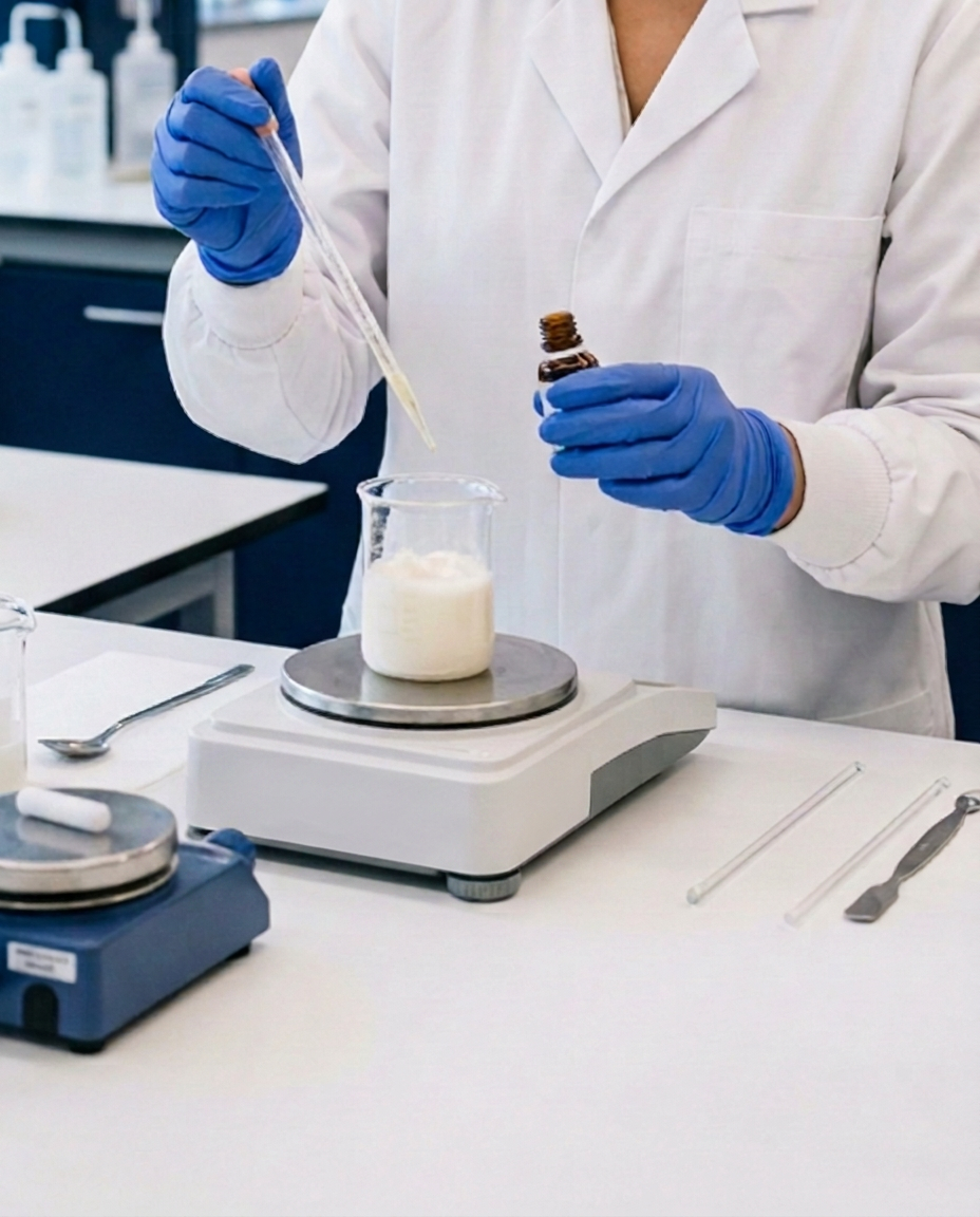 Gloved hands dosing an active ingredient into a cream base on a precision lab scale