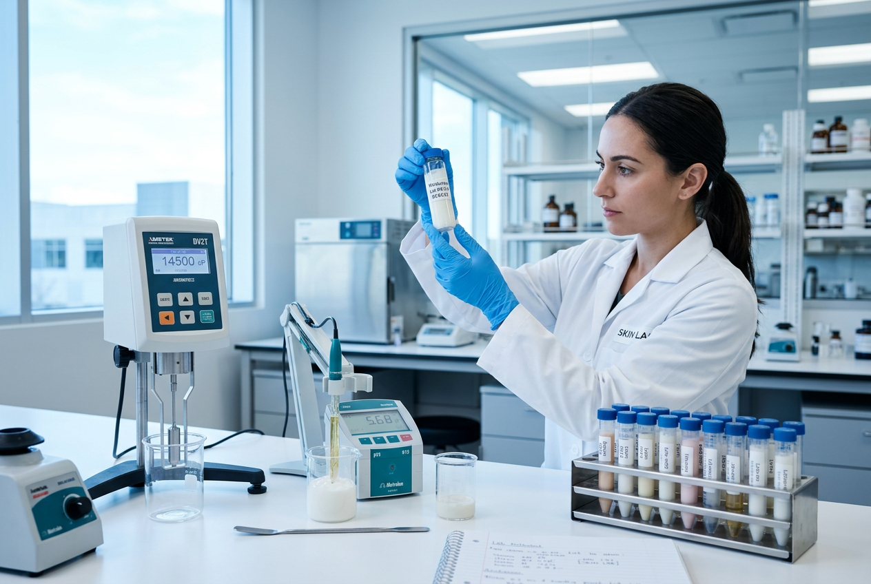 Gloved hands inspecting a cosmetic sample vial beside laboratory instruments